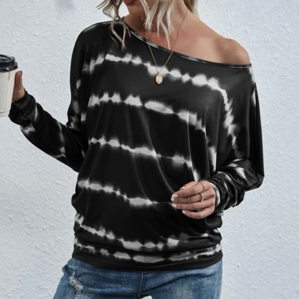 Sundry Black and White Tie-Dye Off-Shoulder Sweatshirt purchased at Evereve